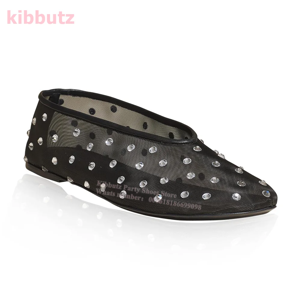 Met Kristallen Versierde Mesh Balletpompen Vierkante Teen Plat Met Glanzend Massief Zwart Slip-On Beknopte Elegante Comfortabele Schoenen Nieuwste