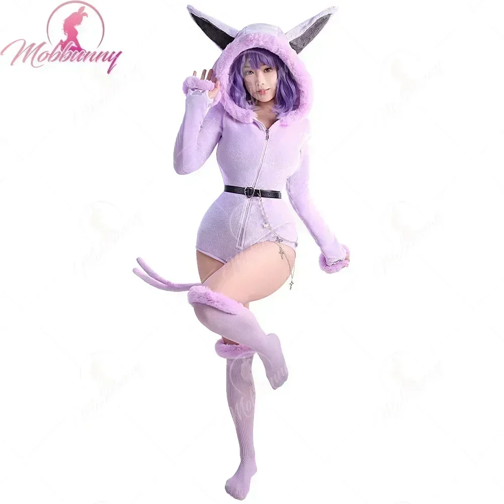 

Mobbunny PM Derivative Fluffy Bodycon Romper Pajama Purple Furry Long Sleeve Hooded Bodysuit Jumpsuit with Tail Belt and Socks