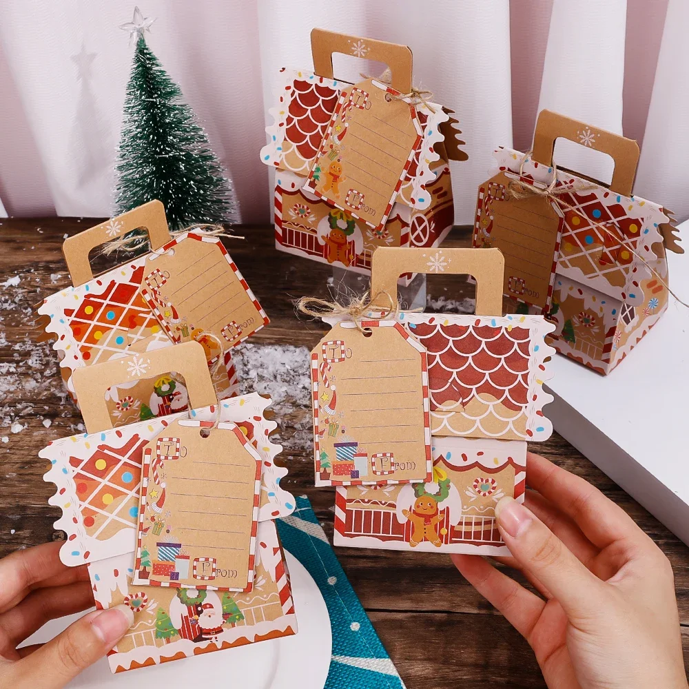 Christmas Candy Gift Boxes with Tag Kraft Paper House Shape Cookies Storage Mini Packing Bag Party Home Decoration New Year 2024