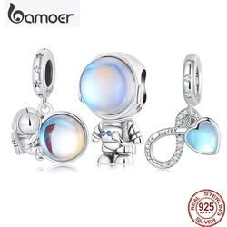 Bamoer 925 prata esterlina bonito astronauta charme eterna irmandade moonstone pingente ajuste feminino pulseira contas diy jóias finas