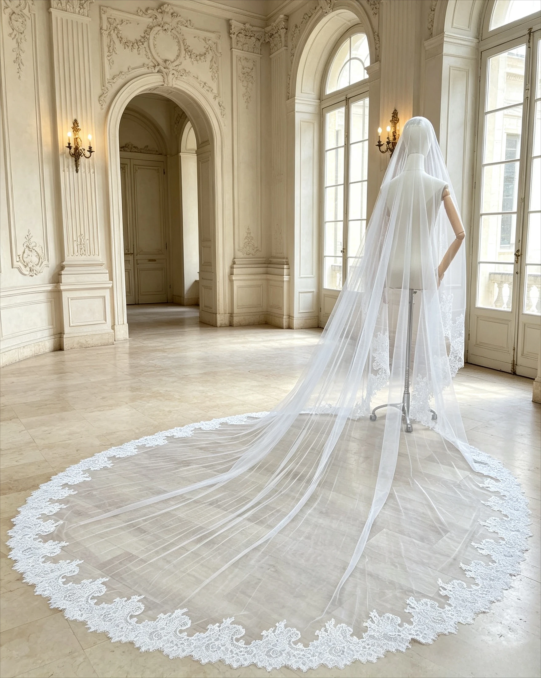 2-Tier Drop Bridal Veil with Blusher Waterfull Cut Cathedral Wedding Veil Wide French Chantilly Lace Wedding Dress Accessories