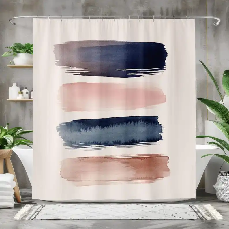 Modern Abstract Shower Curtain, Navy and Blush Brushstroke Design, Aesthetic Bathroom Decor, Waterproof Fabric Curtain for Boho