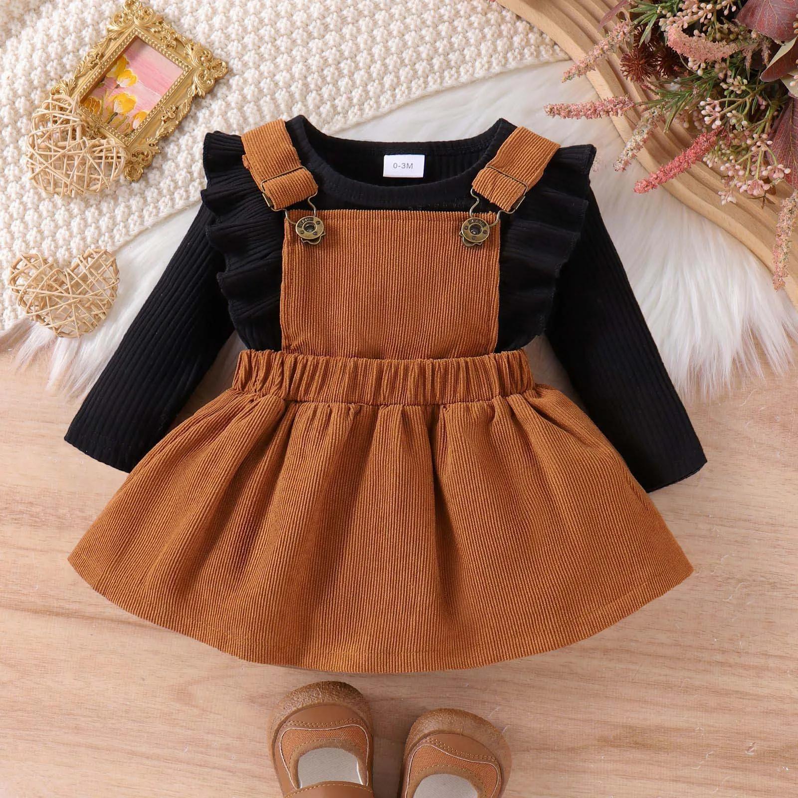 Baby Girl Spring Fall Clothes Long Sleeve Ruffled Button Romper with Adjustable Suspender Skirt Outfit Birthday Party Daily Wear