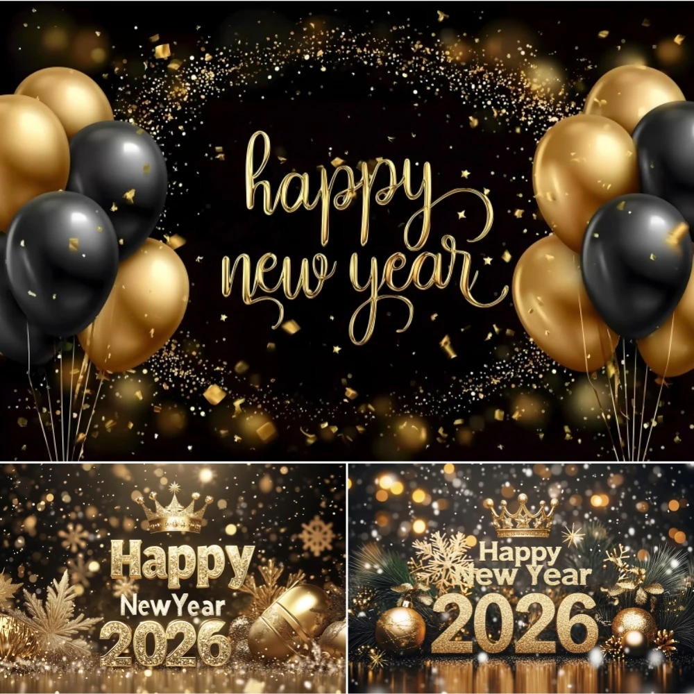 

2026 Happy New Year Photography Backdrop Luxury Golden Glitter Balloon Crown Family Party Celebration Decor Shoot Backgrounds