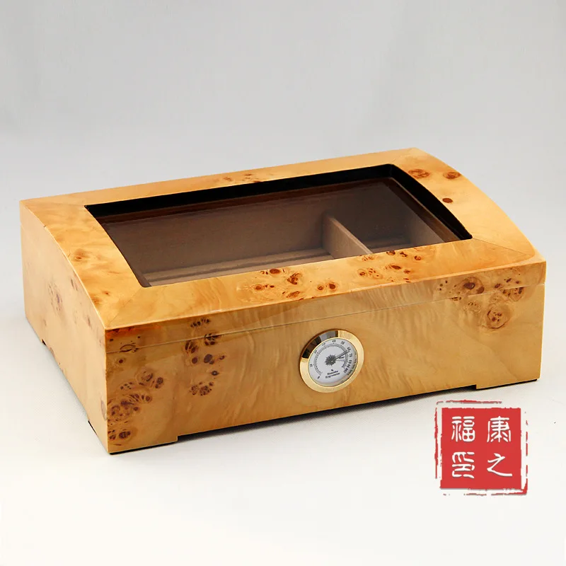 Fragrant Cypress Wood Cigar Humidifier Box - Holds 50 Cigars Snow Pine Solid Wood Humidity Box with Transparent Lacquer Window
