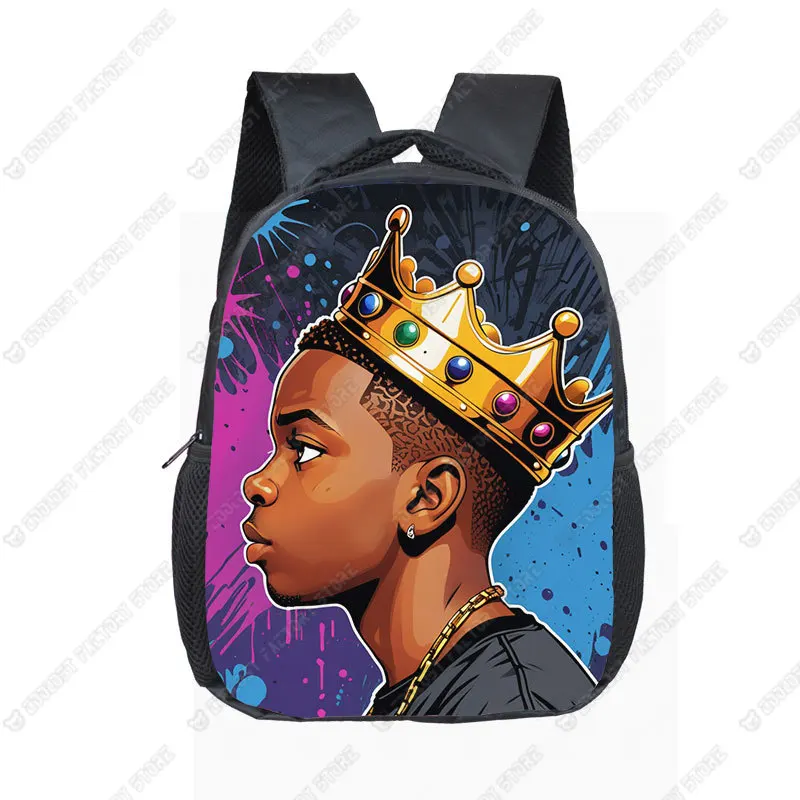 12 inches Afro Black Boy with Crown Backpack for kids Black King Doctor Astronaut Pilot Rucksack School Bag Daypack Book Bag