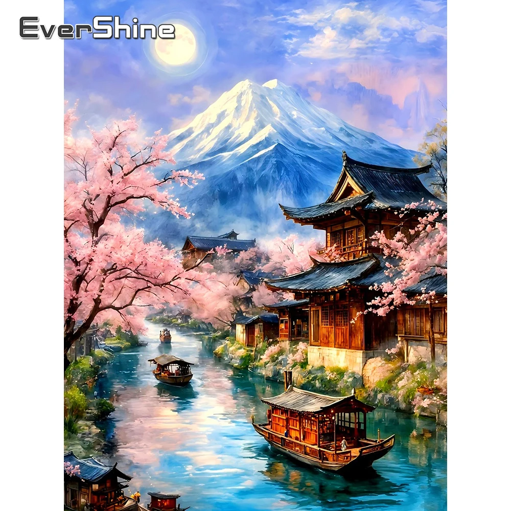 EverShine DIY Diamant-Mosaik Landschaftshaus Vollquadrat-Gemälde Schneeberg Strass-Stickerei Boot 5D Mond Wandkunst