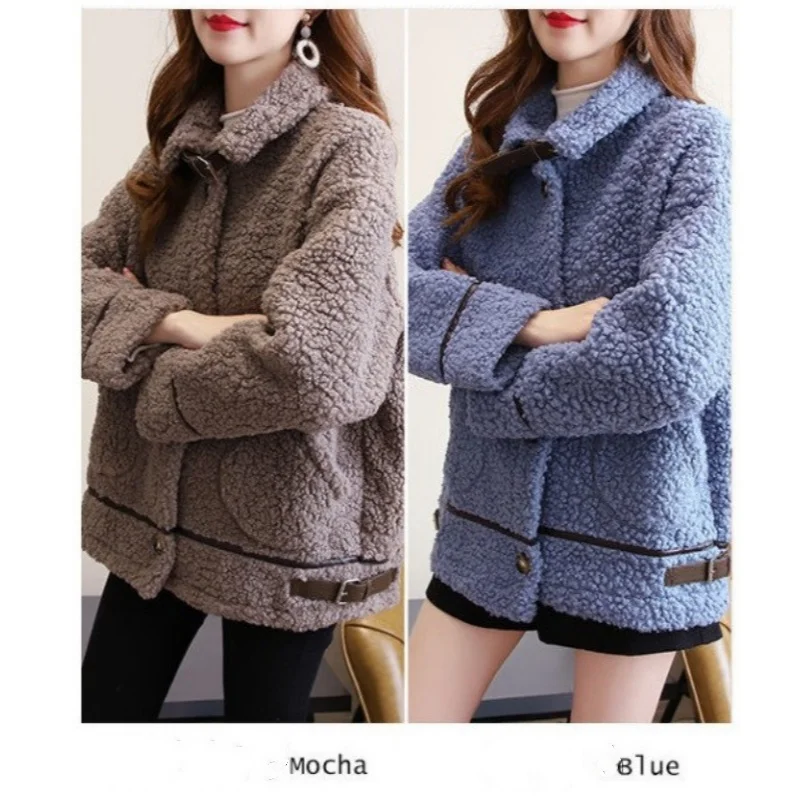 Women Autumn Winter Lamb Wool Faux Fur Thick Plush Warm Cardigan Coat Female Oversized Long Sleeve Turn-down Collar Outerwear