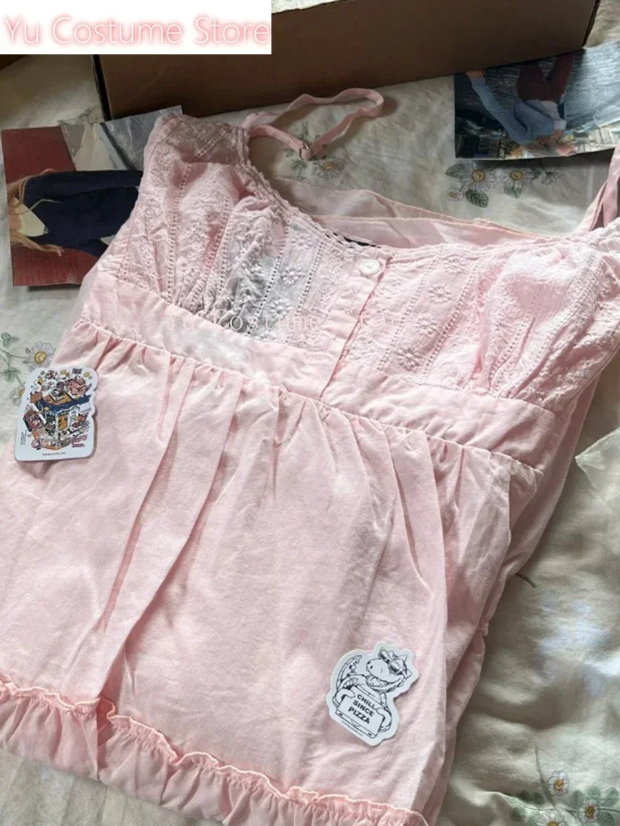 

Women Floral Embroidery Pink Dress Summer Cotton Sleeveless Buttons Lace-up Short Vestidos Sweet Preppy Ruffles Dress Yu Costume