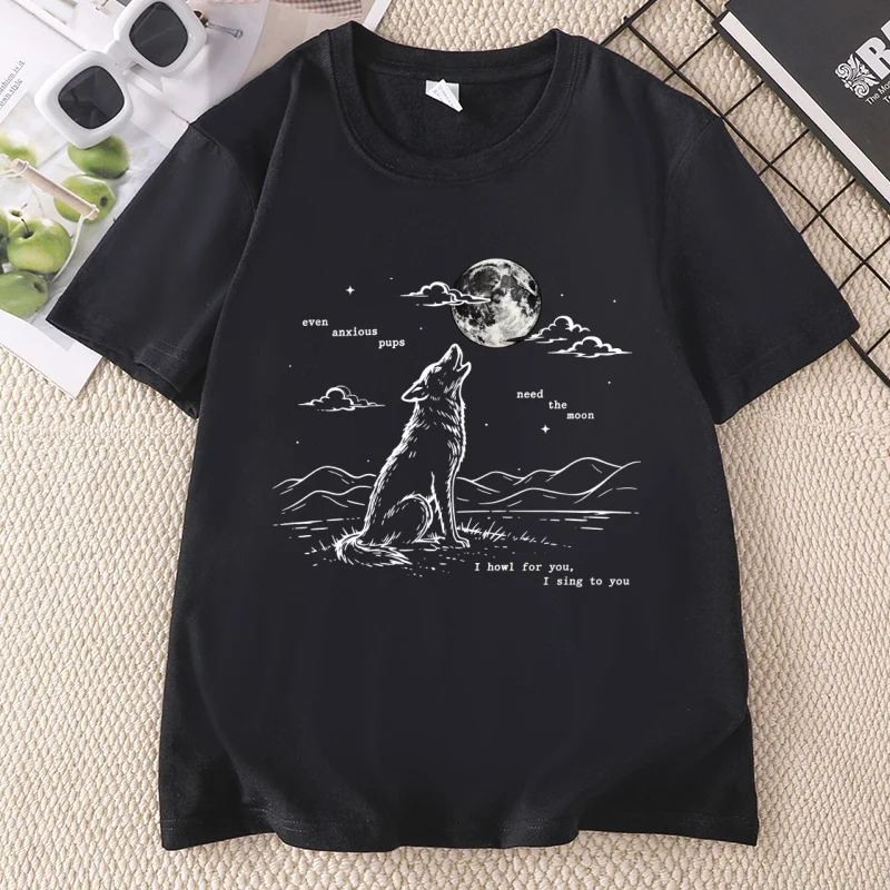 Funny Dog Moon Graphic T Shirts Cotton for Man Woman Casual O Neck Short Sleeve T-shirt Unisex Streetwear Casual Loose Tees