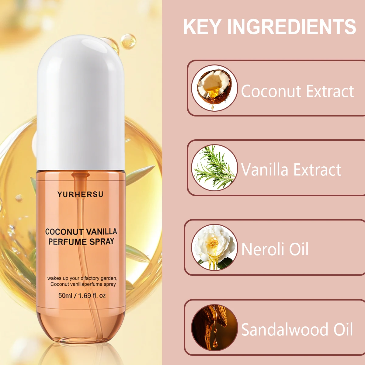Perfume en Spray de Vainilla y Coco para Mujer, Fragancia Gourmand de Larga Duración, Spray Corporal Unisex, Desodorante 50ml