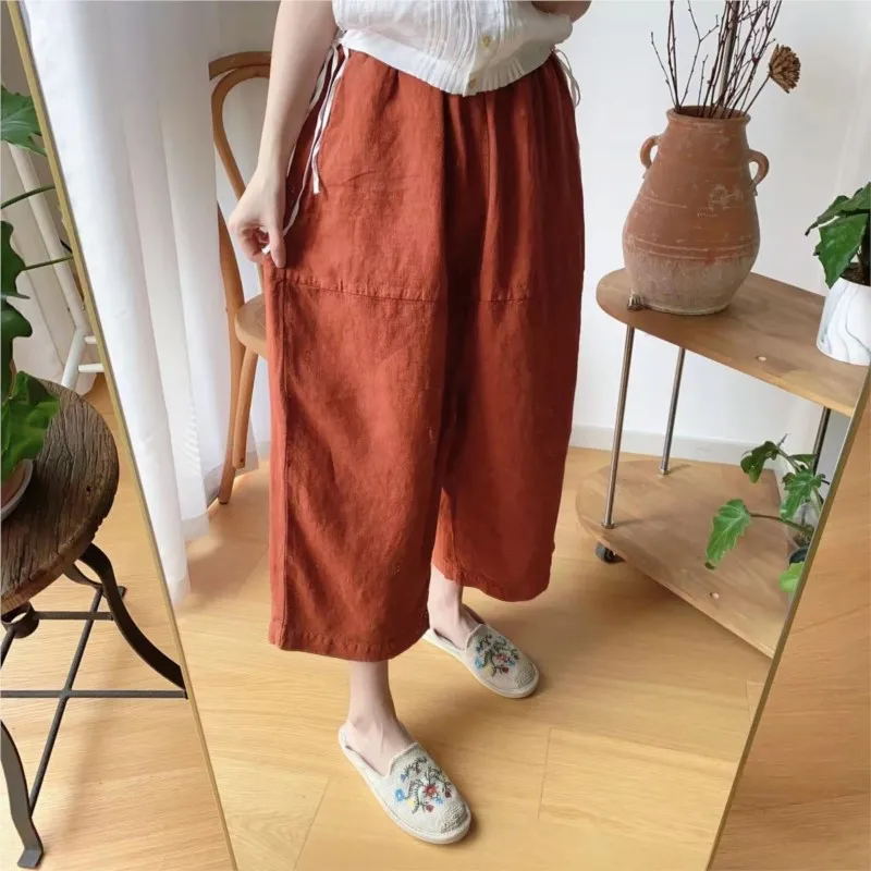 Johnature Cotton Linen Loose Cropped Wide Leg Pants For Women New Elastic Waist Casual Straight Leg Pants 2024 Spring Summer 