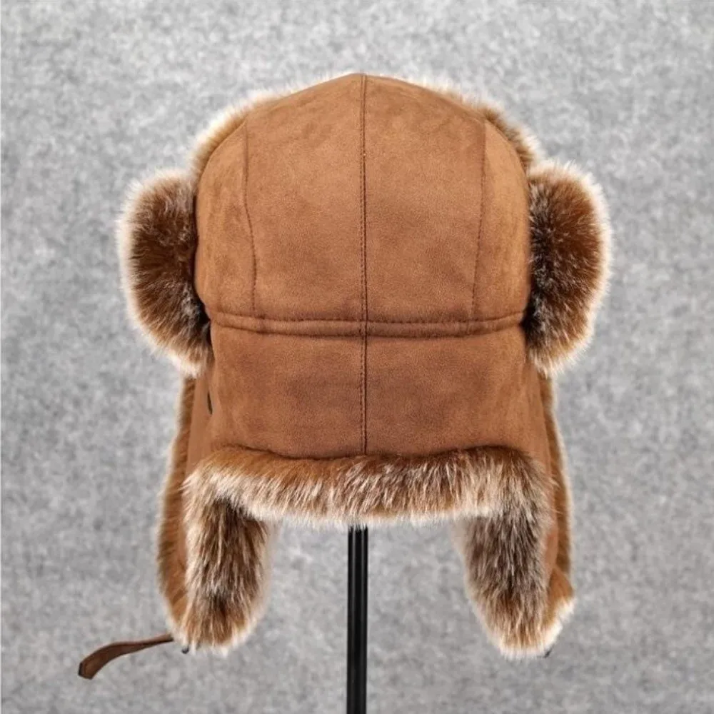 Atmungsaktiver Wildlederstoff, Herren-Lei-Feng-Mütze, dicke Kunstfell-Ohrschutzmütze, warme, mit Fleece gefütterte, kältebeständige Mütze zum Skifahren. – Detail 9