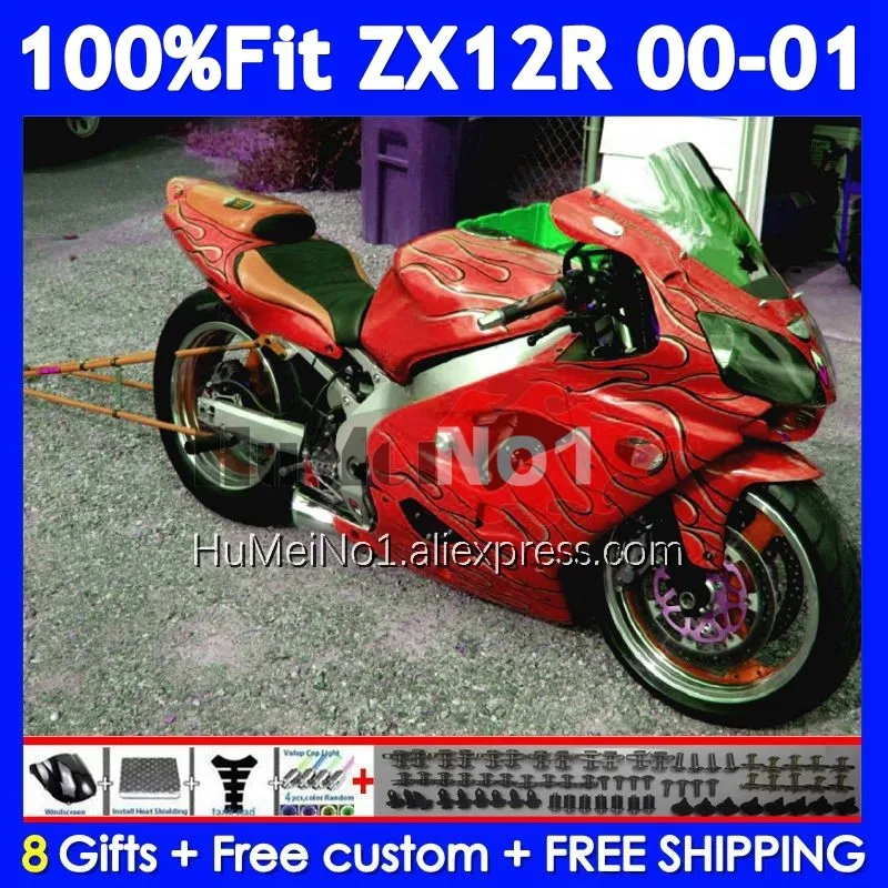 OEM Body For KAWASAKI NINJA ZX-12R ZX 12R 12 R 1200 225No.179 ZX1200 Red&Flames 1200CC ZX12R 00 01 2000 2001 Injection Fairing