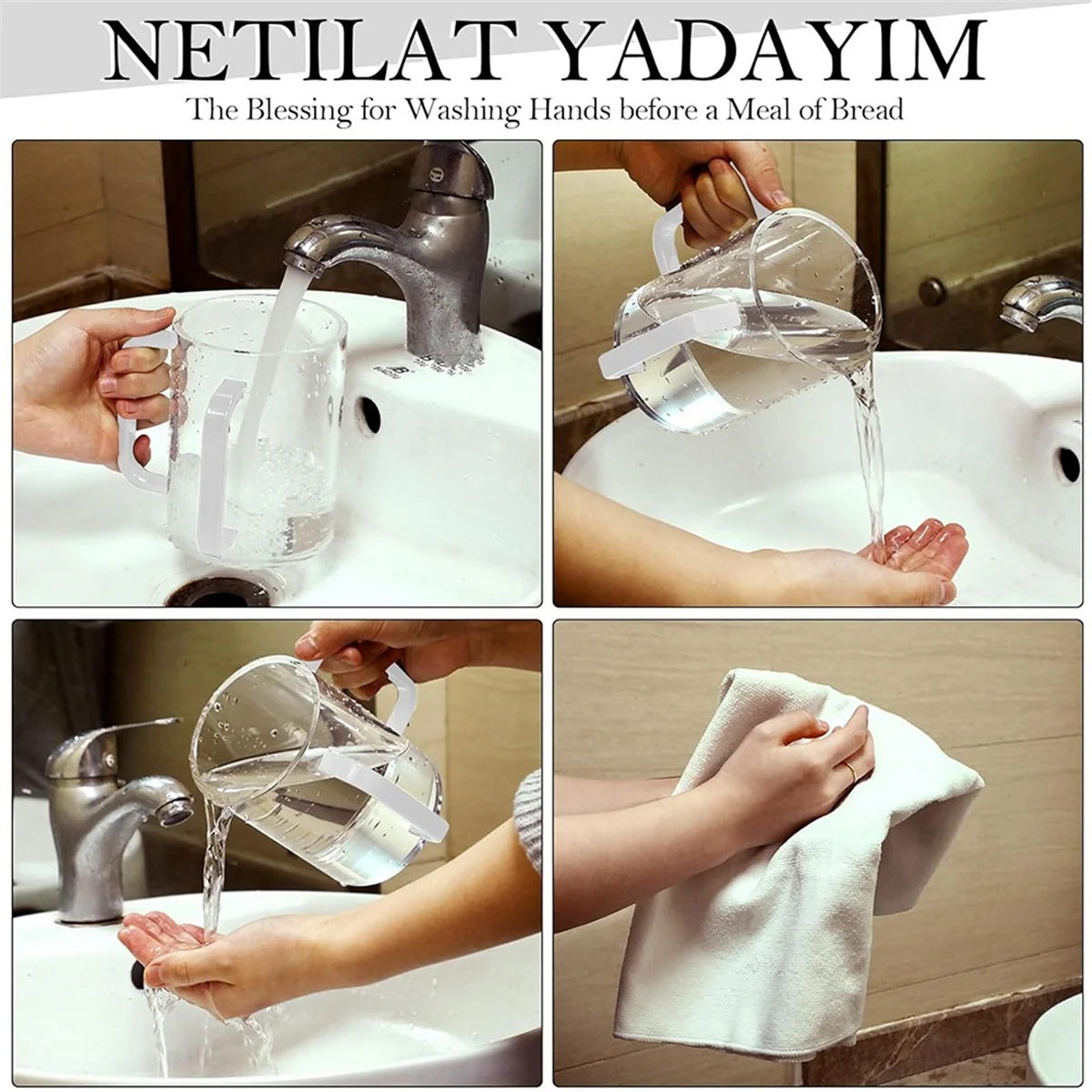 B66C Hand Washing Cup with Dual Handles Acrylic Washing Cup for Netilat YadayimNegel Vasser Wash Cup Handles for Jewish White