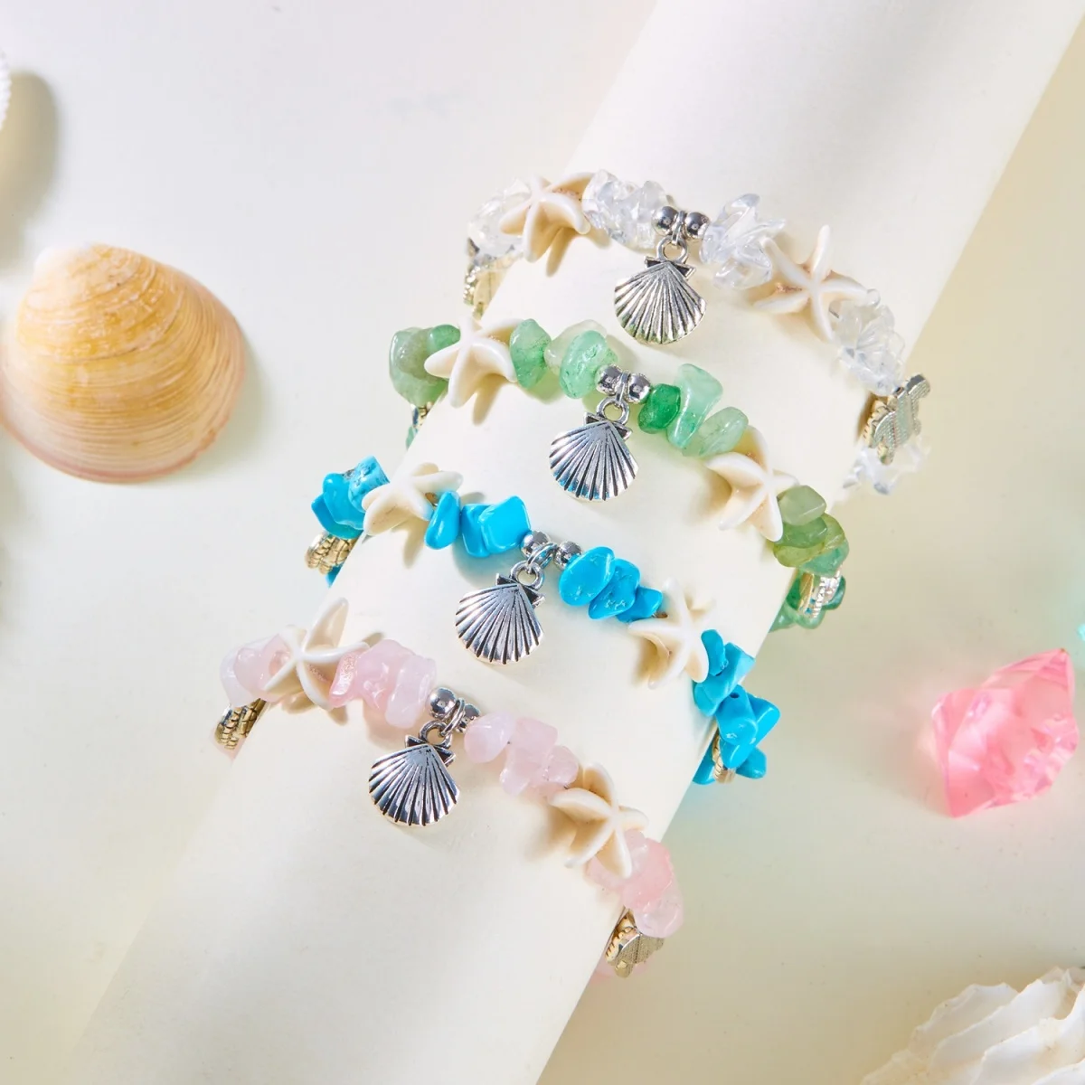 Boho-Armbänder mit zerstoßenen Steinen, Muscheln, Seesternen und Schildkröten für Damen und Herren, Sommer, Strandurlaub, Ozean, Meerestiere, Armreif, Partyschmuck – Detail 5