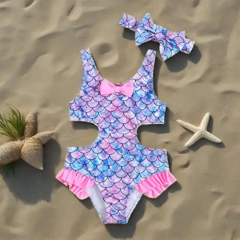 

Детский цельный купальник, купальник без рукавов для девочек с лентой для волос, летние детские купальники с русалкой, детская пляжная одежда, От 2 до 7 лет