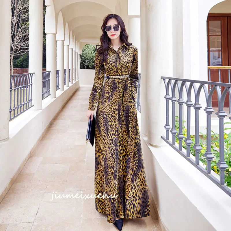 2025 New Women's Clothing Spring High-End Waist Cinching And Slimming Brown Leopard Print To Ankle Extra Long Dress Autumn Mujer