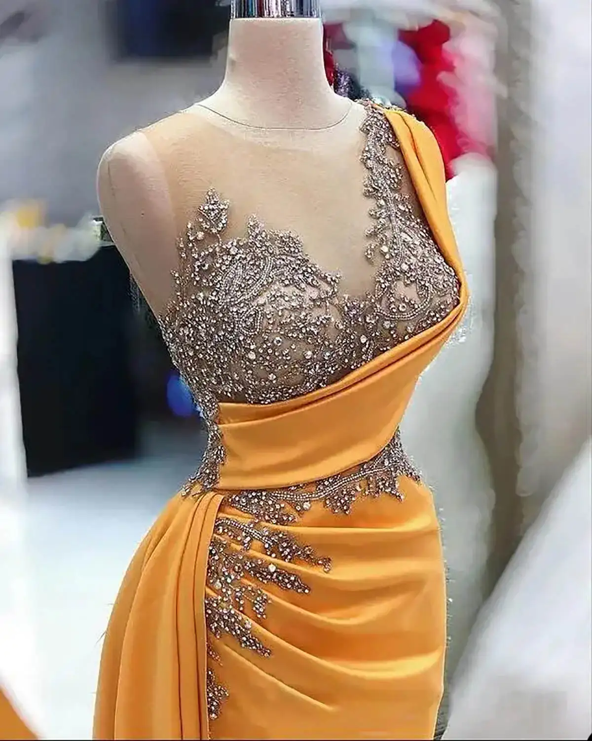 Gold Sheath Gown Prom Dresses Appliques Sequins Pleat Pattern Satin Party Dresses Big Size Custom Size Colour vestidos de festa