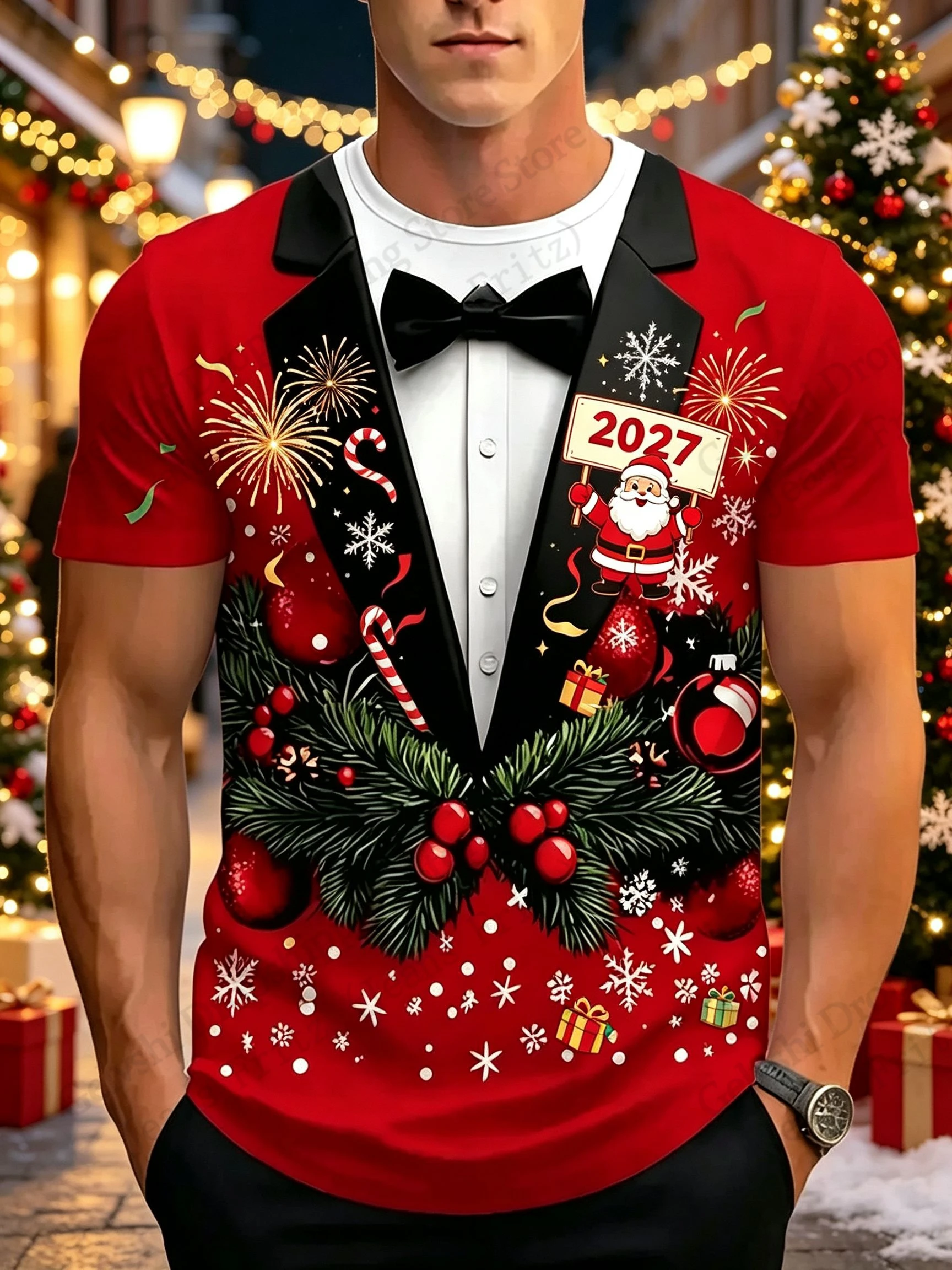 Hip Hop Christmas Tree Fake Suit 3D Print T-shirt Men Women Fashion Short Sleeve Santa Claus Tops Tees Party Apparels New Year
