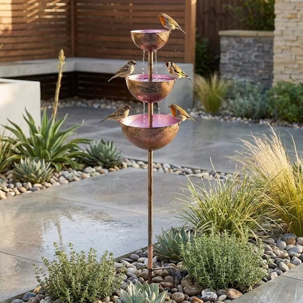 Vintage Iron 3-Tiered Bird Bath Three-layer Bowl Decorative Bird Water Bowls Garden Stake Handmade Garden Rain Catcher