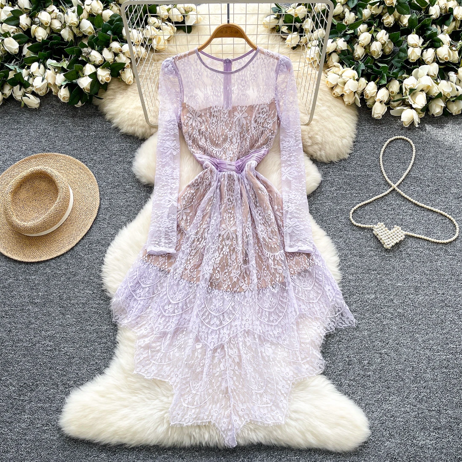 エレガントなヴィンテージ風長袖アシンメトリーレースフェアリーコアドレス、イブニング、ハイストリート、秋服、セレモニードレス