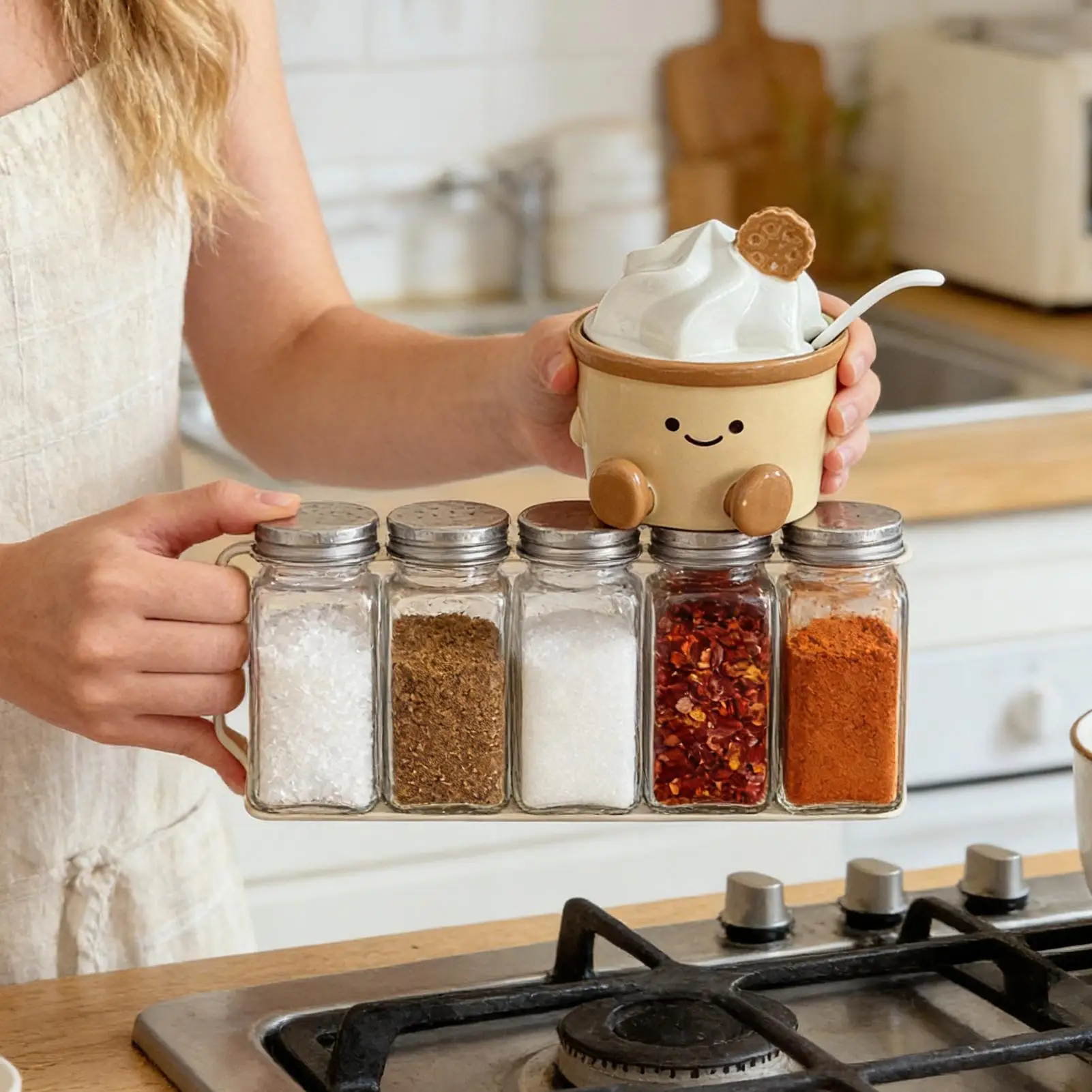 

Cartoon Cute Seasoning Jar Small Foot Ice Cream Color Ceramic Seasoning Jar Salt Cellar Kitchen Utensils With Lid And Spoon