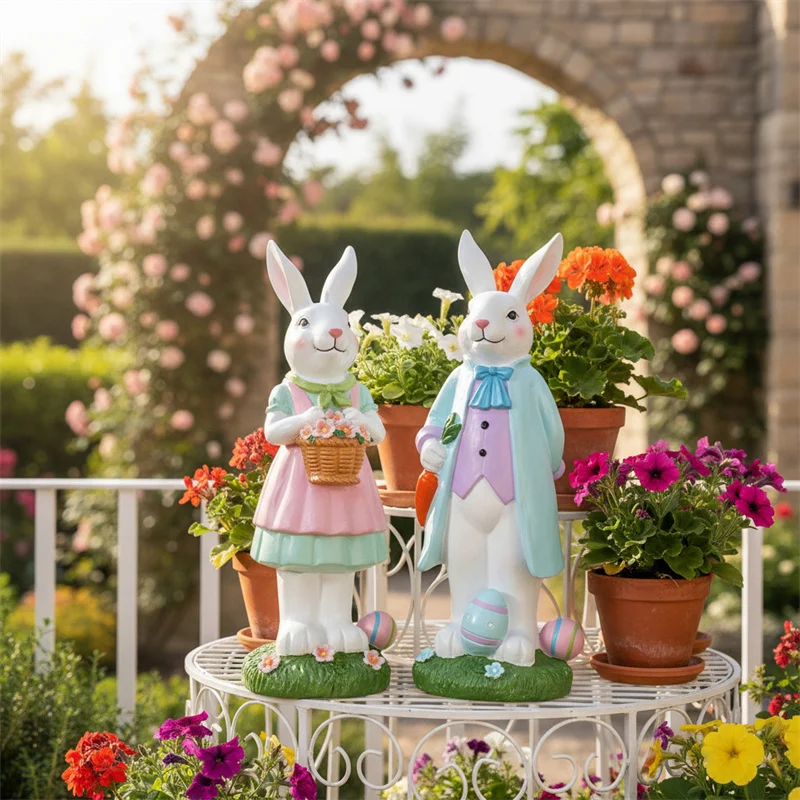 Easter Bunny Figurine Mr. and Mrs. Rabbit with Flowers Eggs Ornament Home Holiday Party Tabletop Decorations