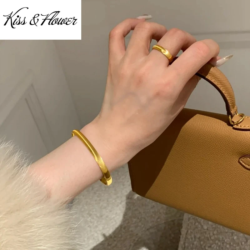 

KISS&FLOWER 24KT Gold Vintage Shiny 5mm Bangle Bracelets For Women Wedding Party Birthday Christmas Bride Mother Lady Gift BR398
