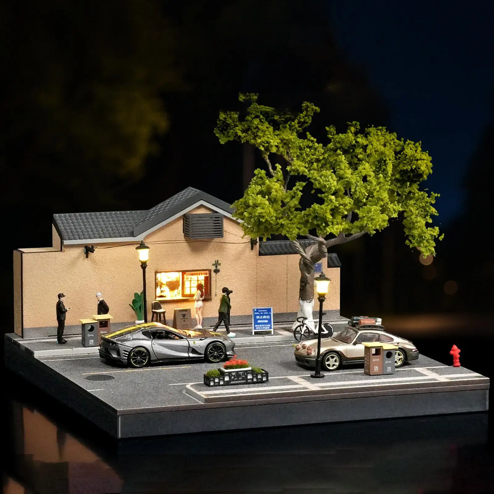 

1/64 Scale Model Car Display Case Street Cafe Diorama,Micro Landscape Decor Decorative with Light Scenario Organizer Storage Box