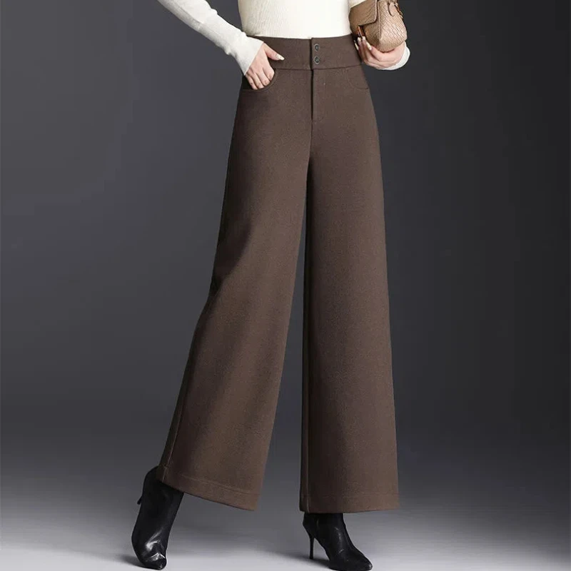 Pantalon en laine taille haute pour femme, poches solides, fermeture éclair, jambe large droite, mode femme de bureau, simplicité, automne, hiver, nouveau, fjl