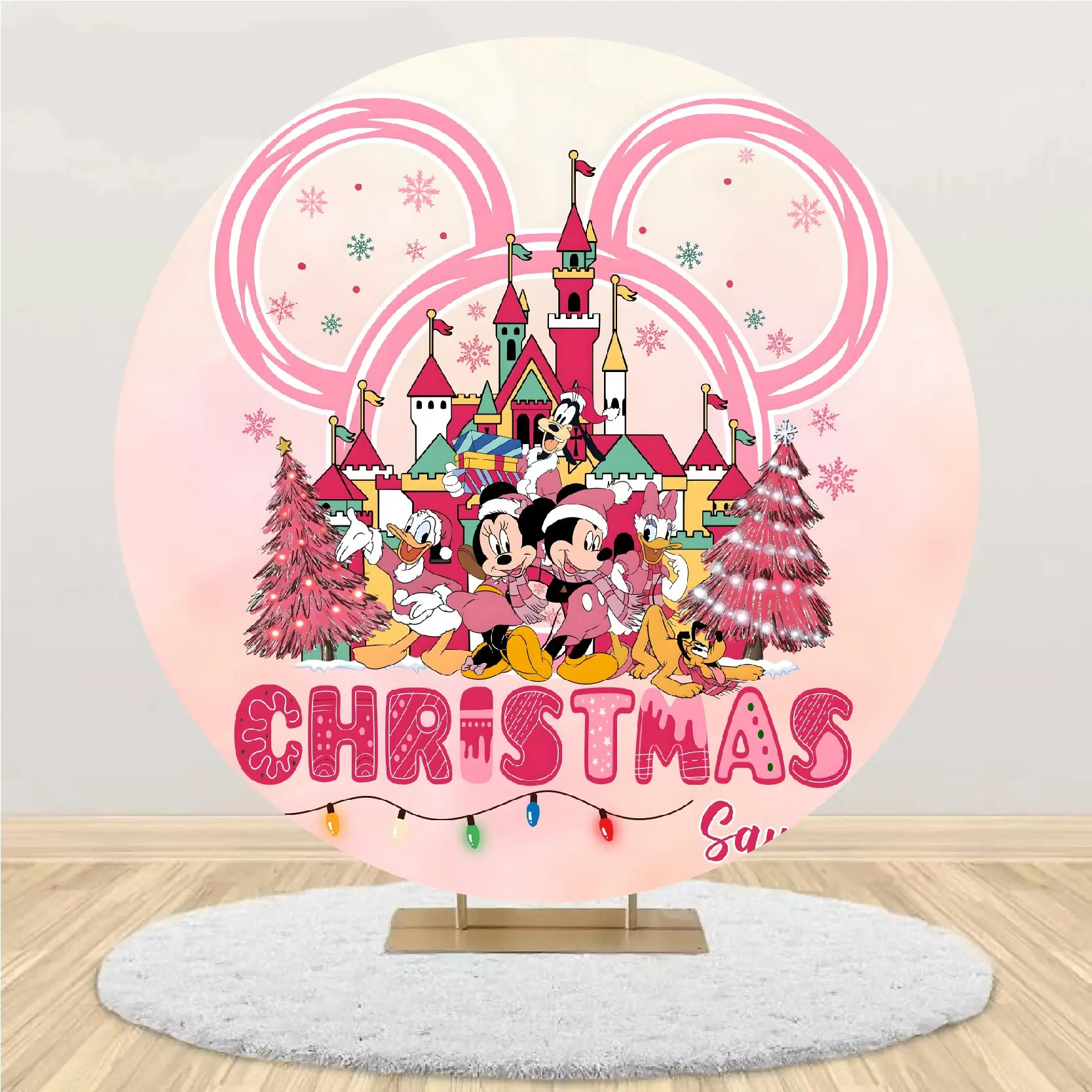 Minne Mickey Merry Christmas Round Backdrop Cover and Cylinder Covers for Christmas Party Photograph Background Wall Decoration