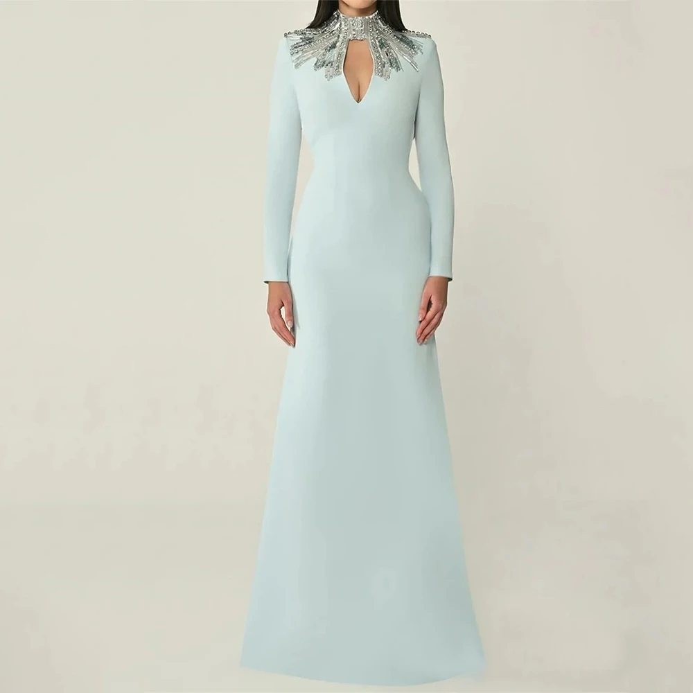 

Customized Retro Jersey Beading Sequined Straight High Collar Long Dresses Bespoke Occasion Dresses Exquisite Sexy High quality