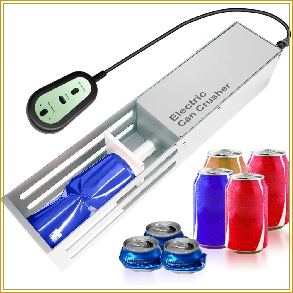 Electric Can Crusher with Button Controller, Auto Cycle Mode for 8/12/16oz Cans, Countertop Smasher for Recycling Aluminum Seltzer, Soda, Beer Cans, Silver