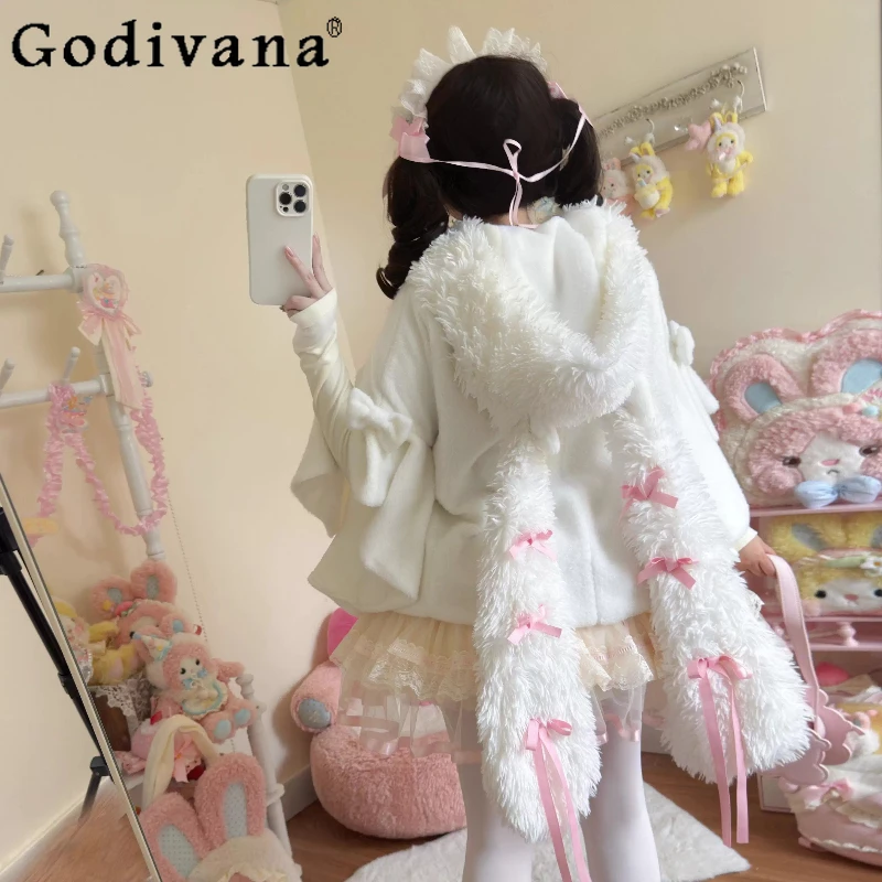 

Japanese Sweet Lolita Hooded Cloak Winter New Girls Kawaii Rabbit Ears Bow Soft Loose Short Jacket Coats Women Y2K Capes Ponchos