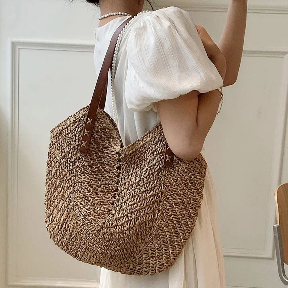 

Hollow Shoulder Bag Paper Rope Weaving Hand Bag Summer Handmade Fashion Casual Simple Elegant Portable for Travel Vacation