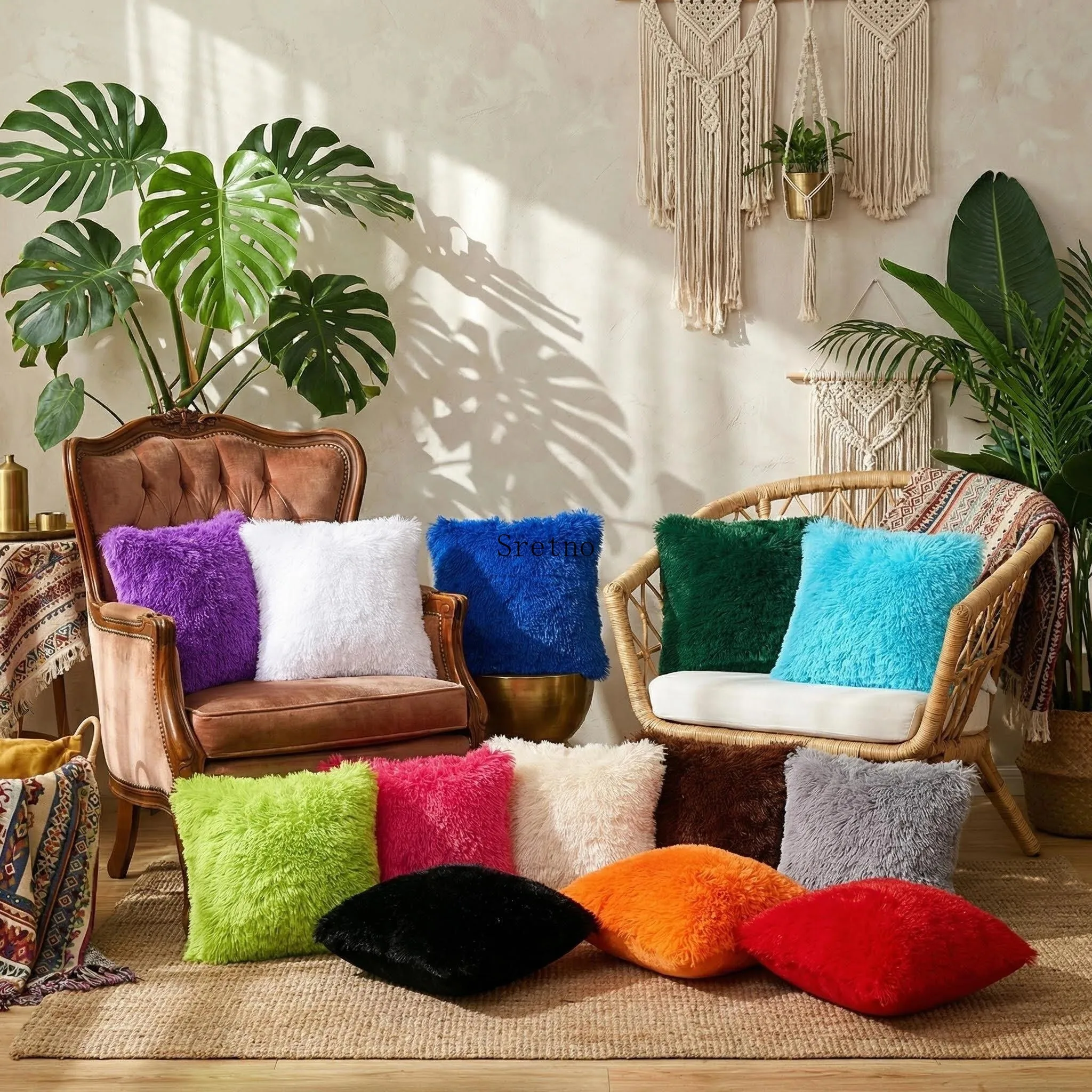 2 Pieces Faux Fur Cushions Fluffy Throw Pillow Soft Home Decorations Square Plush Pillow for Livingroom Sofa Bedroom 45x45cm