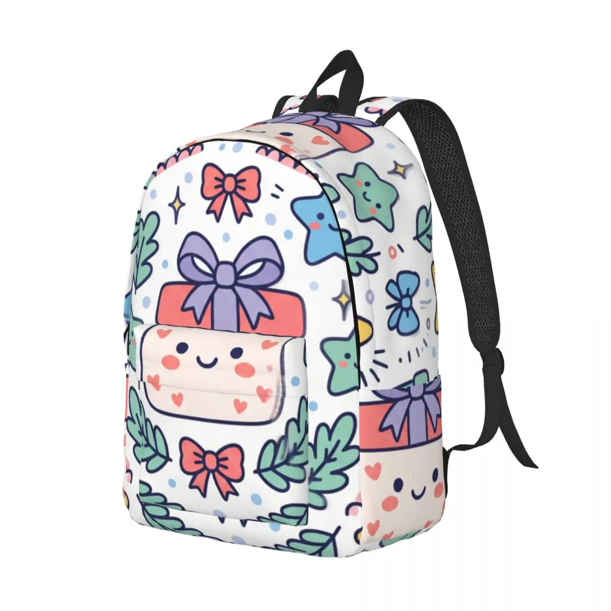 Lovely Casual Backpack Center Winter Star Star Dot Gift Box Cute Kawaii Colorful White Daypack for College Class Weekend Holiday