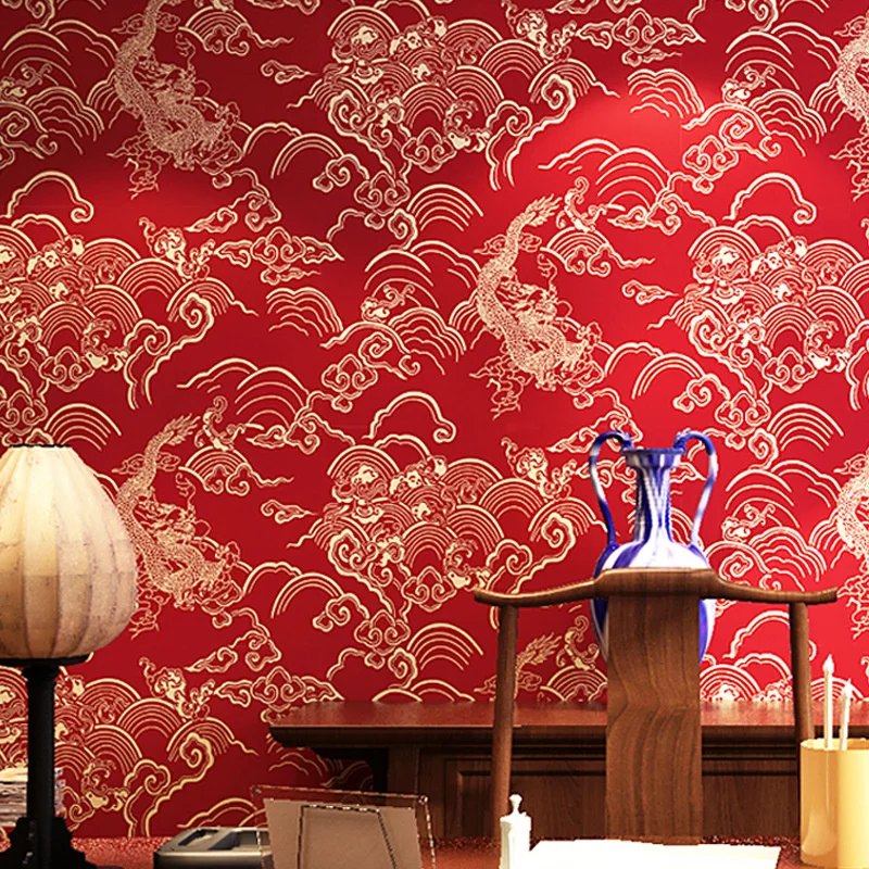 

Chinese red wall paper dragon pattern Chinese style classical Zen teahouse restaurant decoration wallpaper