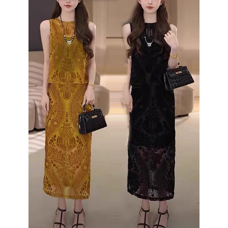 

Summer Retro Light Luxury Jacquard High-End Sleeveless Vest High-Waisted Slimming Elegant Versatile Bodycon Skirt Two-Piece Set