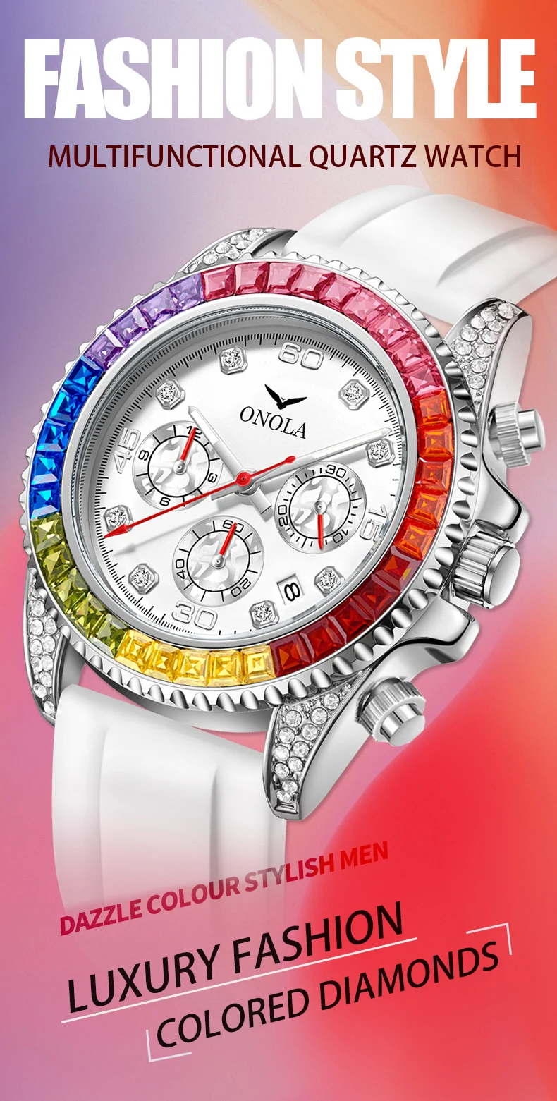 ONOLA Men's Quartz Watch, Multifunctional Dial, Colorful Square Rhinestone Bezel, Date Display, Ideal For Parties & Daily Outing