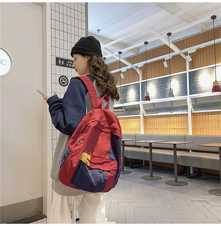 Contrast Color Block Canvas Backpack Large Capacity Casual School Travel Rucksack for Student Daily Use
