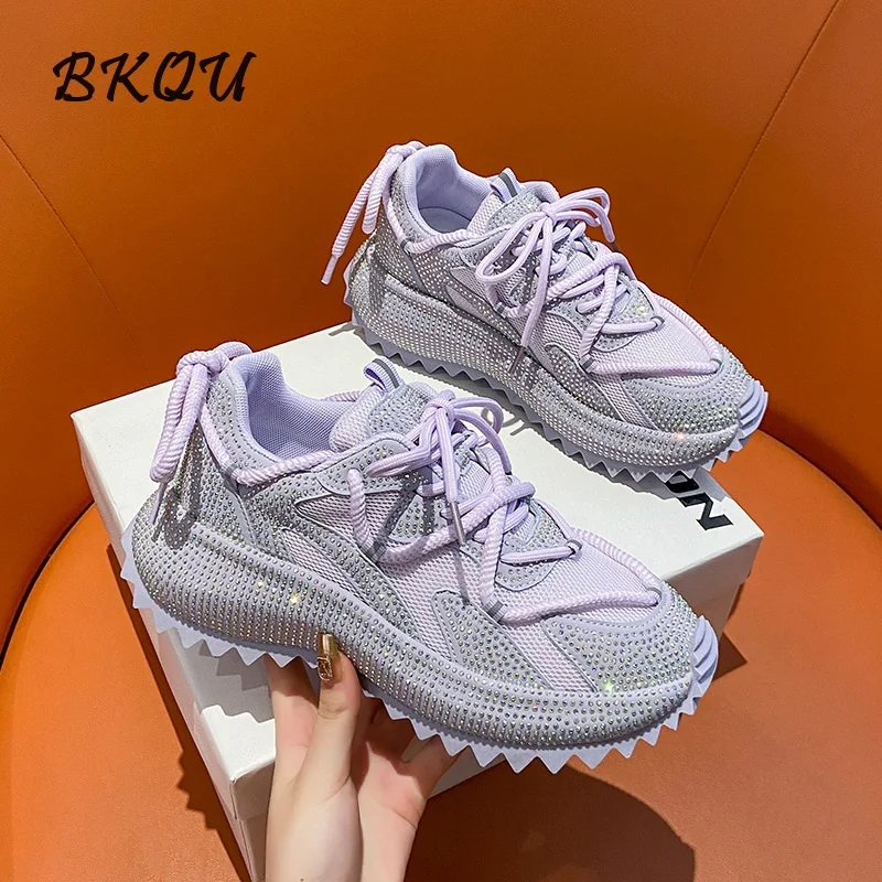 BKQU Full Shoes Diamond Sports Casual Women's Shoes 2024 Autumn New Trend Design Sense Mesh Comfortable Breathable Daddy Shoes