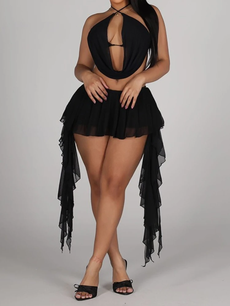 

Foamlina Halter Neck Mesh Sheer Backless Crop Top+Irregular Ruffles Skirt Shorts Set 2 Piece Summer Outfit Y2K Streetwear 2026