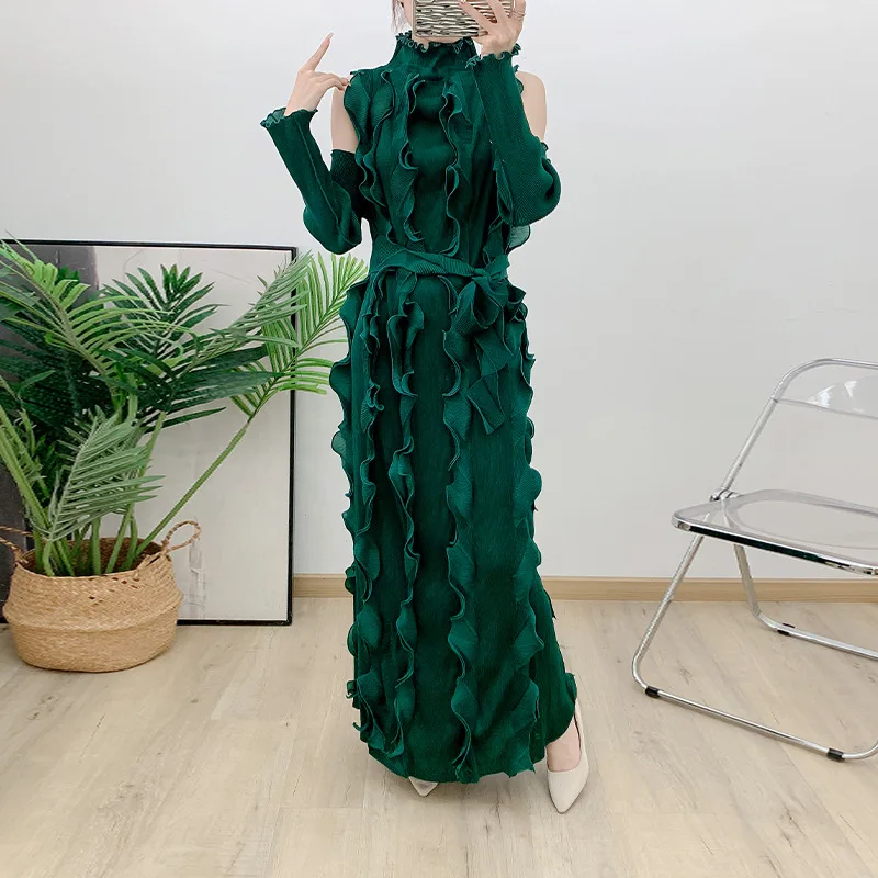 Miyake Fungus Edge Handmade Pleated False Sleeve Long Dress 2024 Autumn Pleated Heavy Industry Pleated Large Size Loose Dress