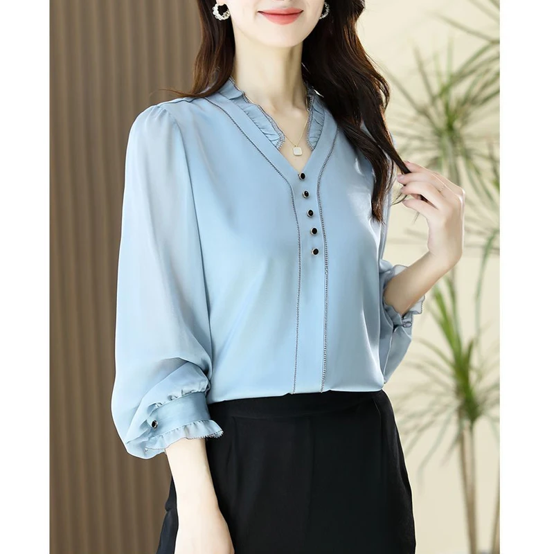 Women Korean Fashion Ruffle V Neck Elegant Blouses Spring Autumn Office Lady Commute Shirts Casual Blue Long Sleeve Loose Tops