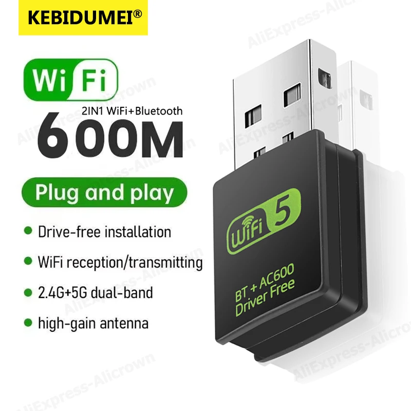 KEBIDUMEI USB Wireless Wifi Bluetooth Adapter 600Mbps Wifi Dongle Dual Band 2.4G/5G WiFi5 BT4.2 150M/600M Receiver for Laptop PC