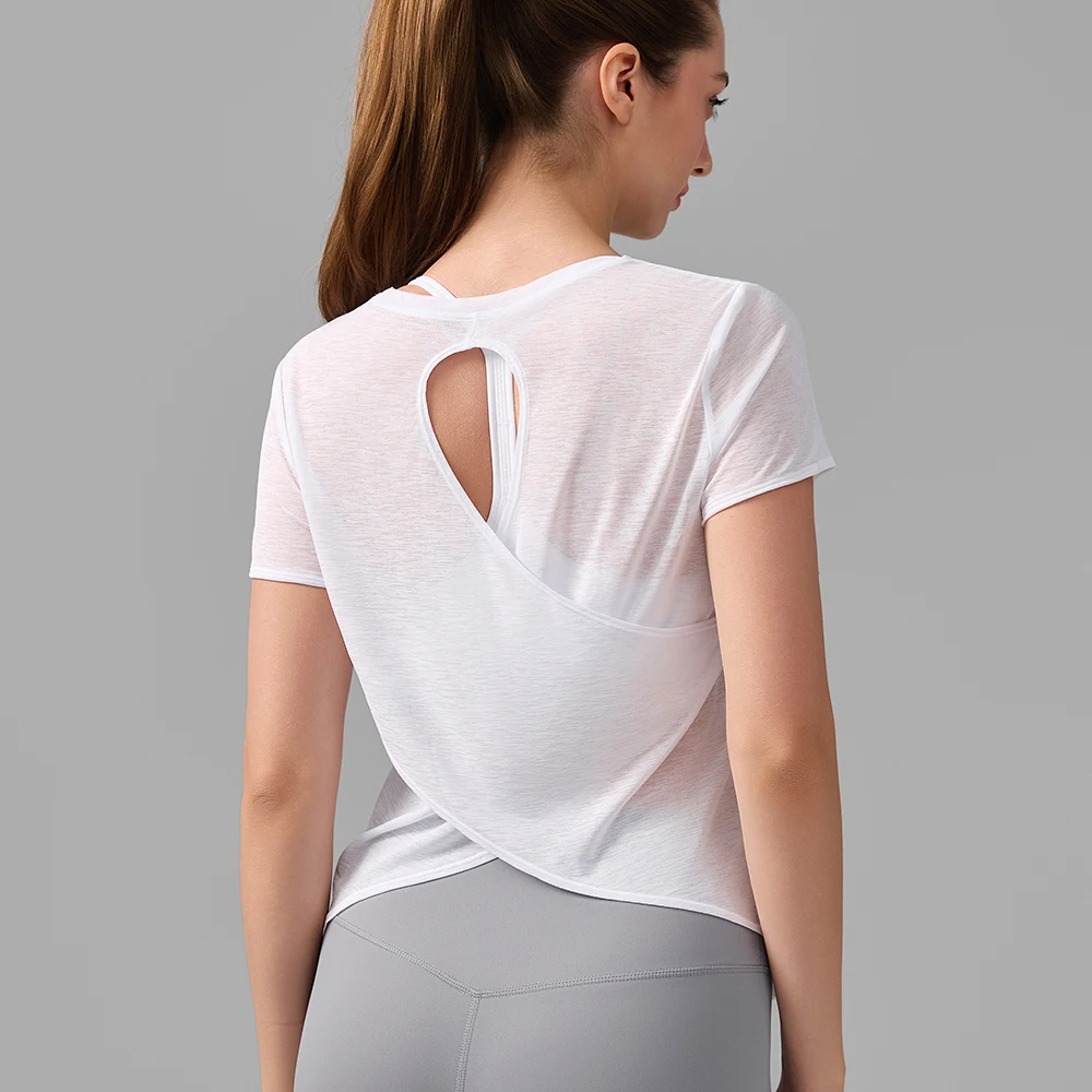 تي شيرت يوجا Racerback للسيدات - غطاء لياقة بدنية مسامي للجري والبيلاتيس والتدريب - ملابس رياضية ضيقة من الخلف