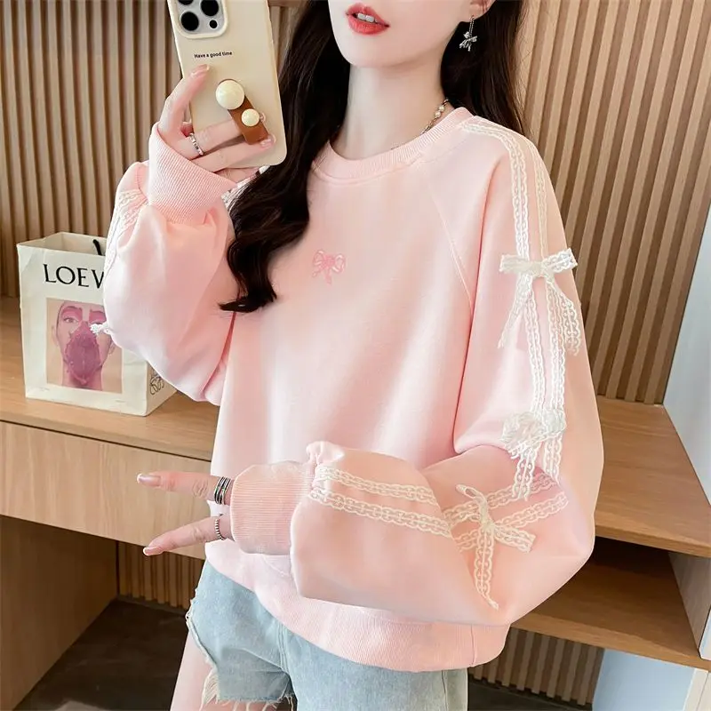 Lace Embroidery Patchwork Korean Round Neck Loose Sweatshirt Design New Bow Top