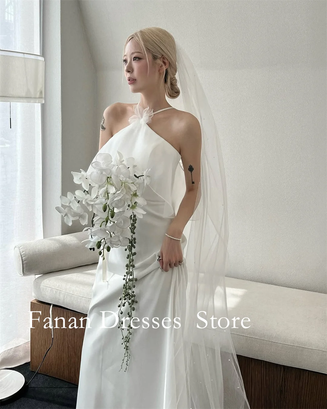 FANAN Halter Neck Bow Sleeveless Ivory Wedding Dress Ruffle Cape Sleeve Chiffon Simple Sheath Long Bridal Gown
